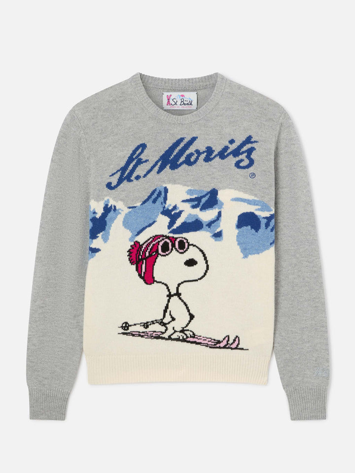 Grauer New Queen Rundhals-Strickpullover mit Ski fahrendem Snoopy als Intarsie | Special edition 