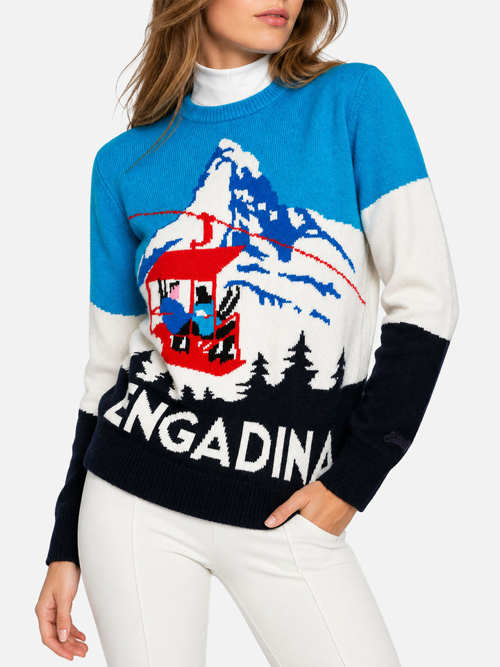Crewneck with Engadina vintage postcard jacquard