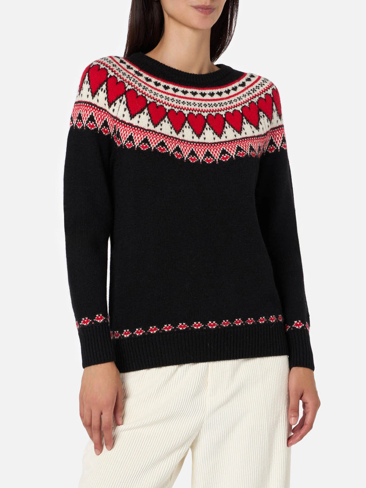 Woman black sweater New Queen with fair isle hearts jacquard