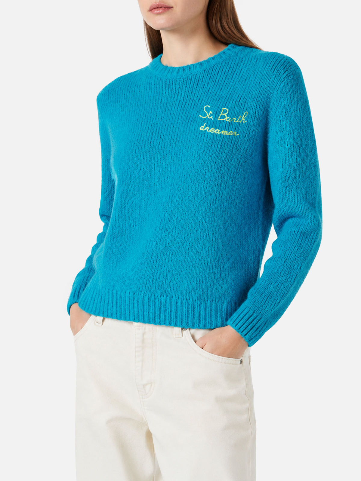 New Queen hellblauer gebürsteter Pullover mit Dreamer-Stickerei 