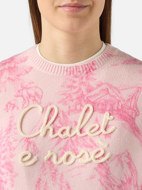 Rosa Damenpullover New Queen mit Toile de Jouy-Druck und Chalet e Rosè-Stickerei