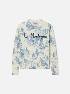 Weißer Damenpullover New Queen mit Toile de Jouy-Druck und La Montagne-Stickerei