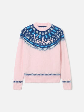 Woman pink crewneck nordic jacquard sweater