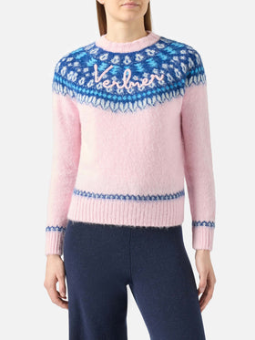Woman pink crewneck nordic jacquard sweater