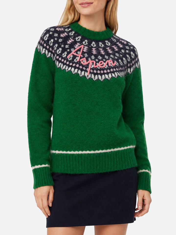 Grüner Pullover Queen Nordic Soft mit Fair-Isle-Jacquard und Aspen-Stickerei 