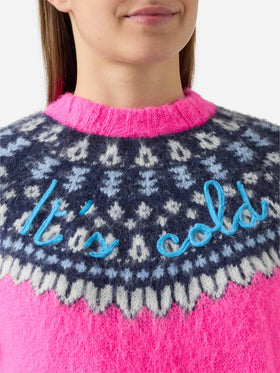 Fluo pink crewneck New Queen Nordic Soft with fair isle jacquard and It's cold  embroidery