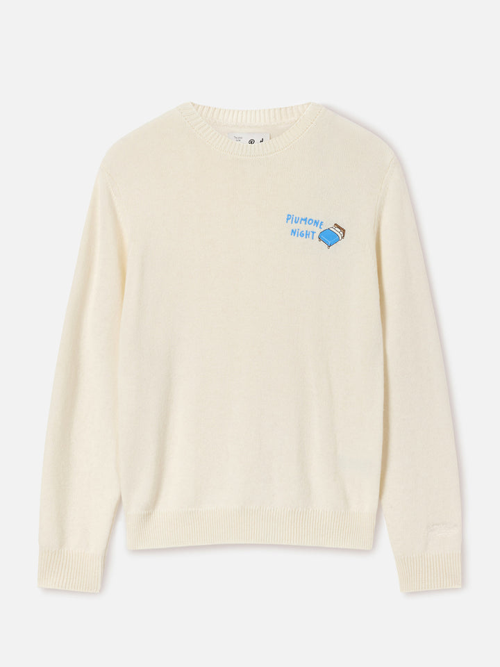 Off white New Queen Rundhalspullover aus Wolle und Kaschmir-Mischung mit Piumone Night-Stickerei 