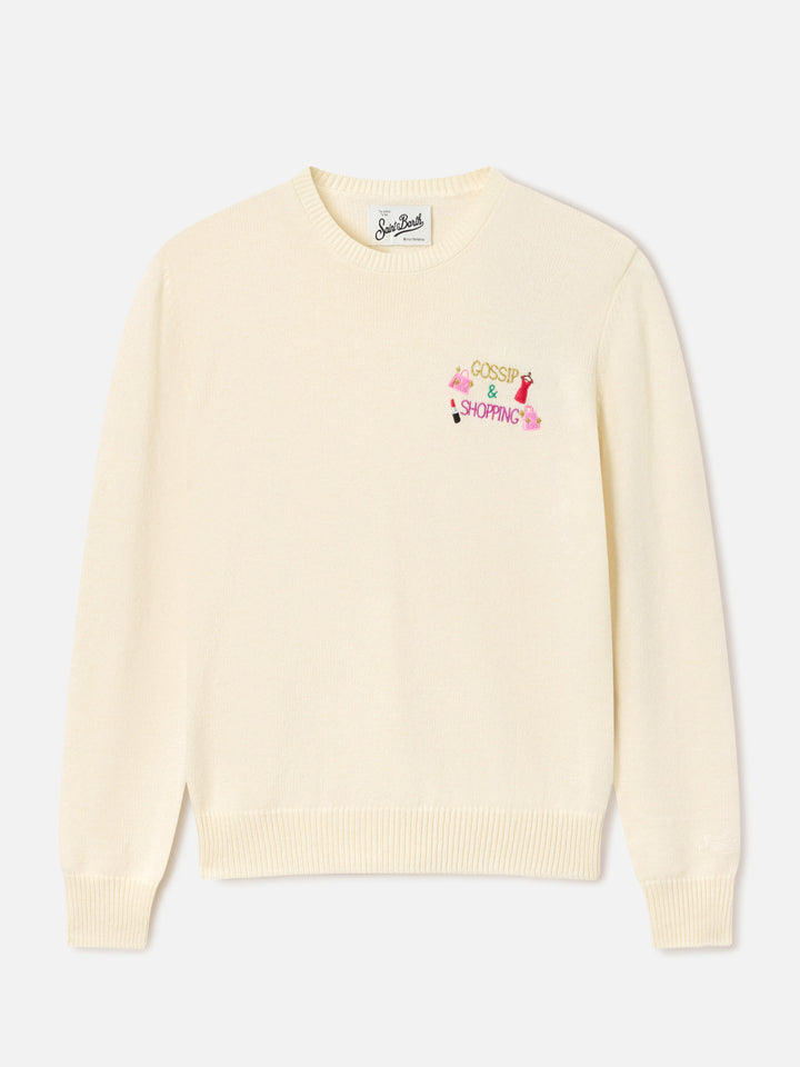Cremefarbenes New Queen Rundhalsshirt aus Woll- und Kaschmirmischung mit Gossip & Shopping-Stickerei 