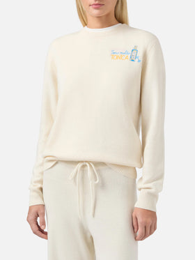 New Queen-Pullover aus Kaschmirmischung in Weiß mit Sono molto tonica-Stickerei