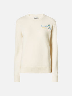 Maglione New Queen in misto cashmere bianco con ricamo Sono molto tonica