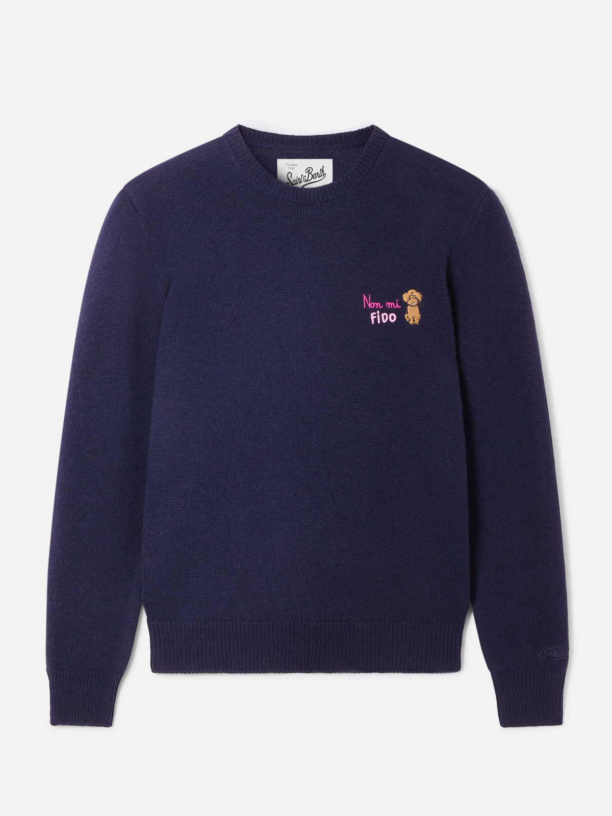 Maglia girocollo New Queen blu navy in misto lana e cashmere con ricamo Non Mi Fido