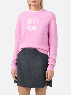 Maglia elasticizzata New Queen in misto lana merino e alpaca rosa con jacquard Best Mum