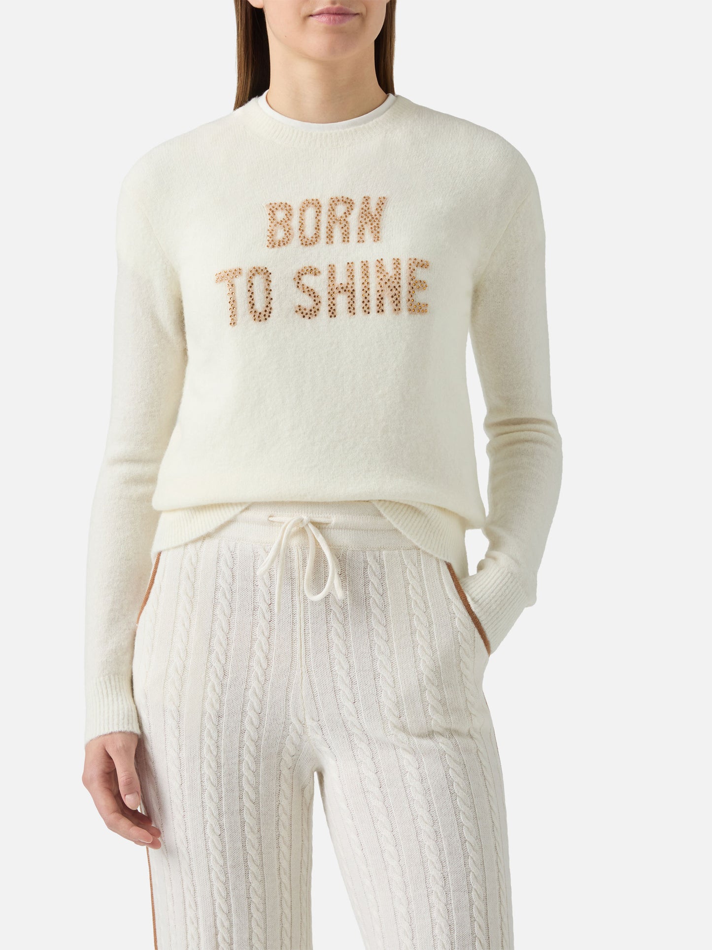 New Queen stretch sweater in merino-wool and alpaca blend in white with Born to Shine rhinestone appliqué