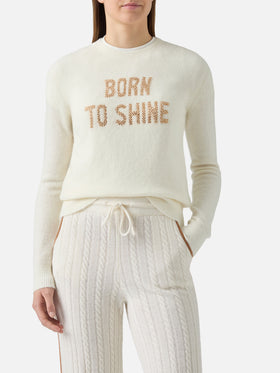 New Queen stretch sweater in merino-wool and alpaca blend in white with Born to Shine rhinestone appliqué