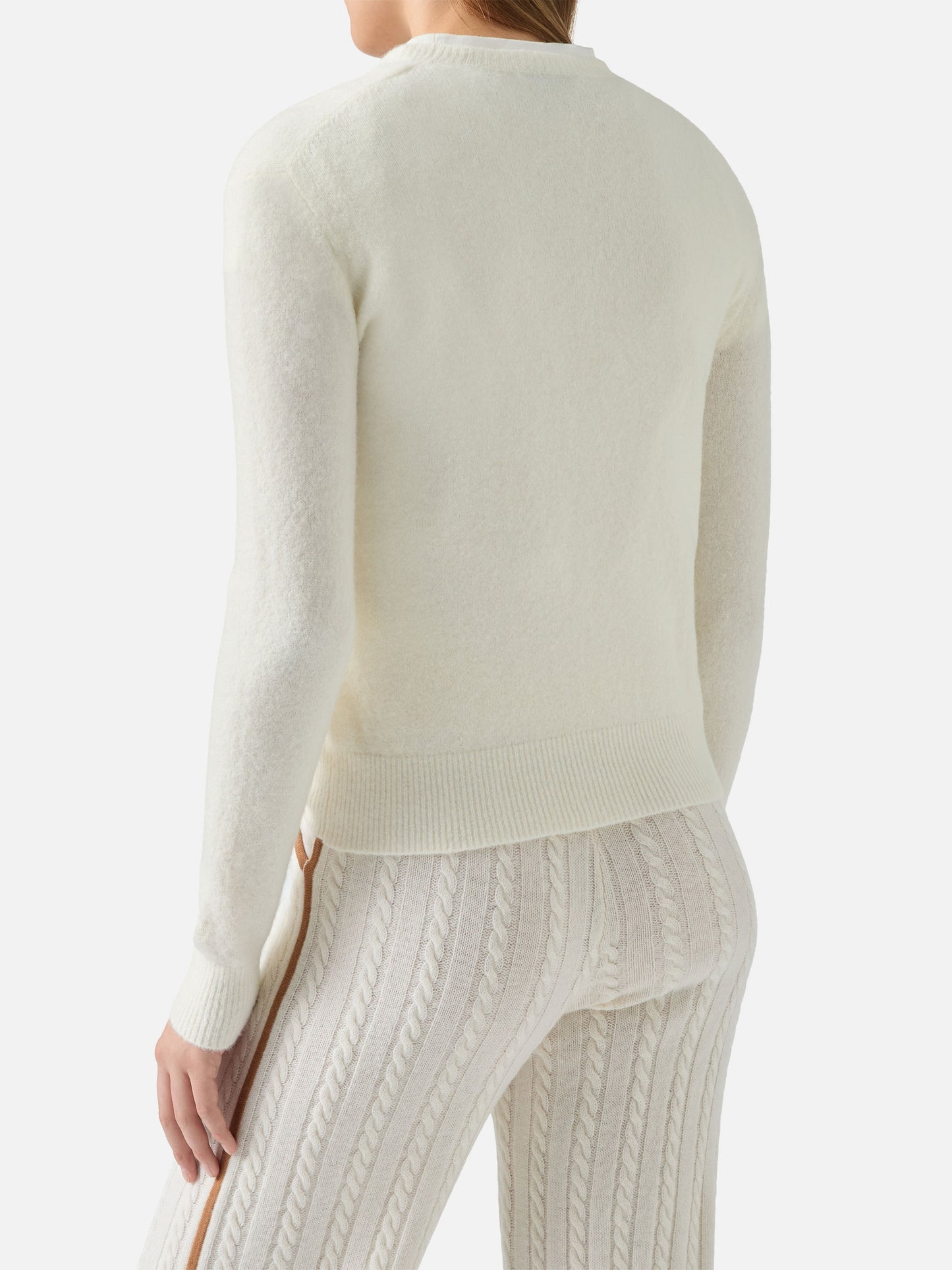 New Queen stretch sweater in merino-wool and alpaca blend in white with Born to Shine rhinestone appliqué