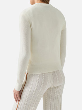New Queen stretch sweater in merino-wool and alpaca blend in white with Born to Shine rhinestone appliqué