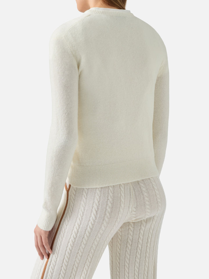 New Queen stretch sweater in merino-wool and alpaca blend in white with Born to Shine rhinestone appliqué