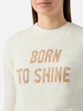 New Queen stretch sweater in merino-wool and alpaca blend in white with Born to Shine rhinestone appliqué