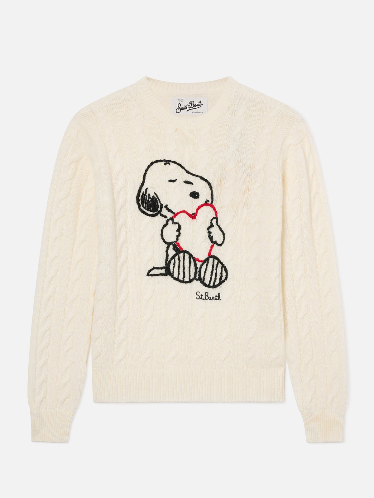 Maglia New Queen off white in misto lana e cashmere a punto trecce con ricamo Snoopy | Special edition