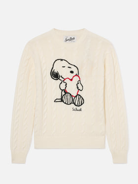 Maglia New Queen off white in misto lana e cashmere a punto trecce con ricamo Snoopy | Special edition