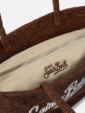 Brown Beach raffia bag with contrasting embroidered logo