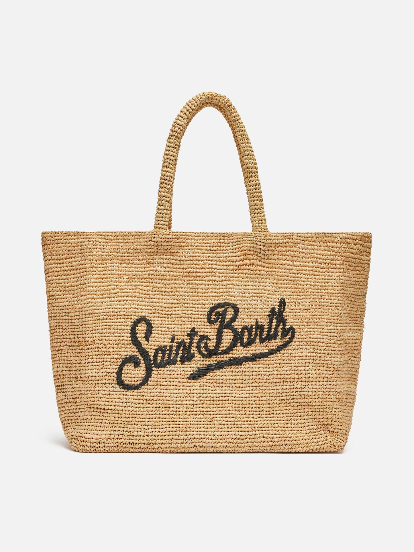 Bolso de playa de rafia con logo bordado en contraste negro 