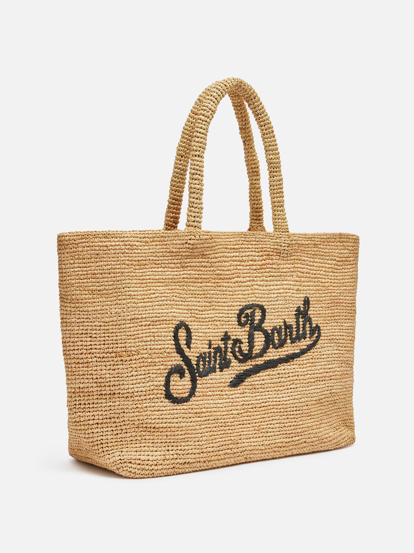 Bolso de playa de rafia con logo bordado en contraste negro 