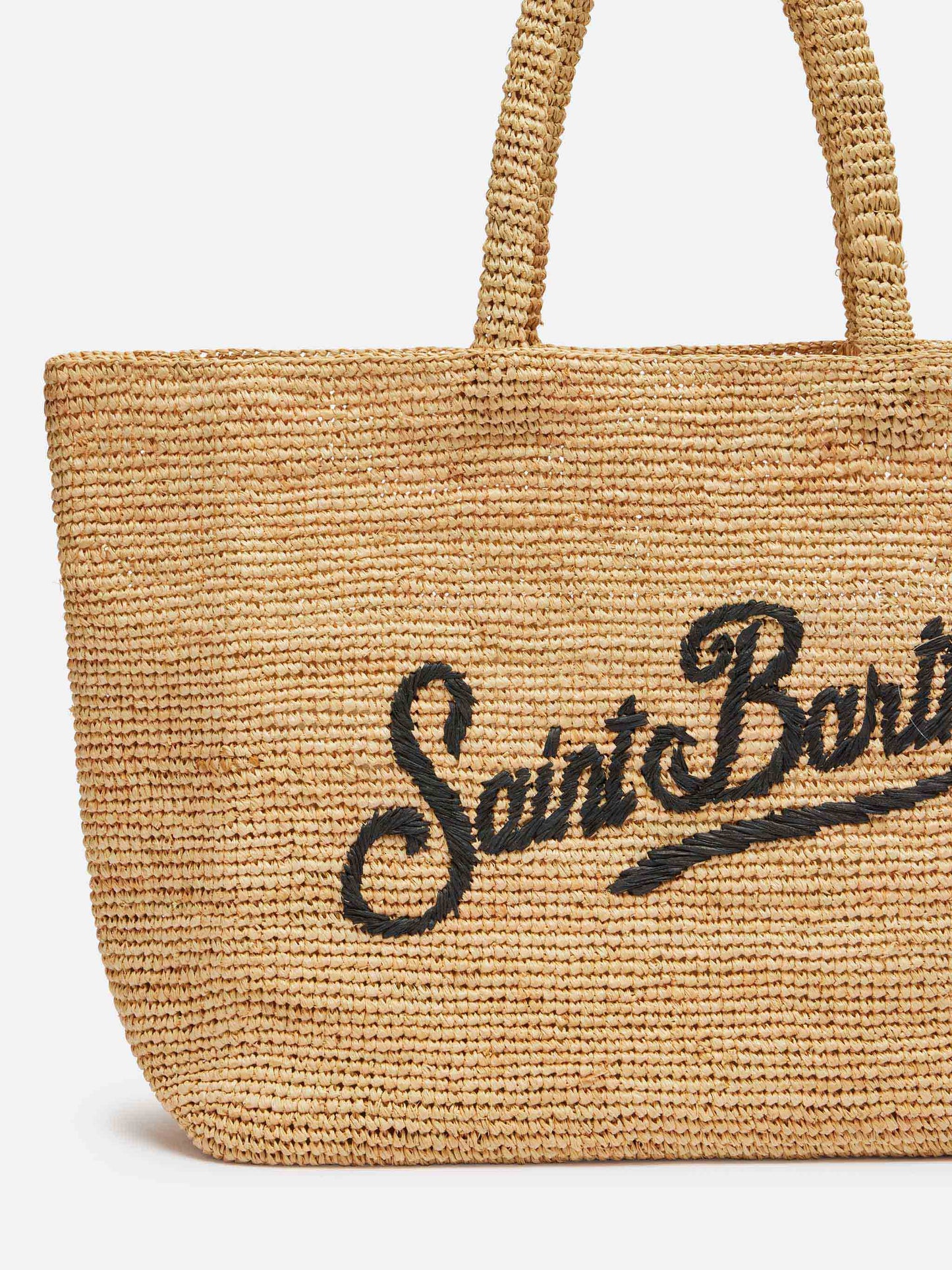 Bolso de playa de rafia con logo bordado en contraste negro 