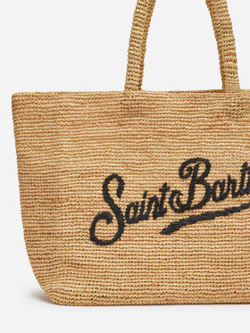 Bolso de playa de rafia con logo bordado en contraste negro 