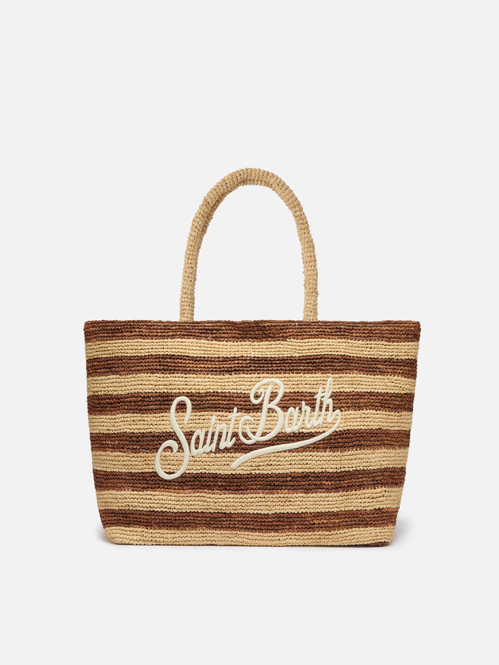 Borsa Beach in raffia a righe marroni con logo ricamato