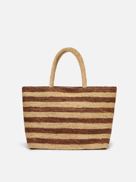 Beach raffia bag with brown stripes and embroidered logo