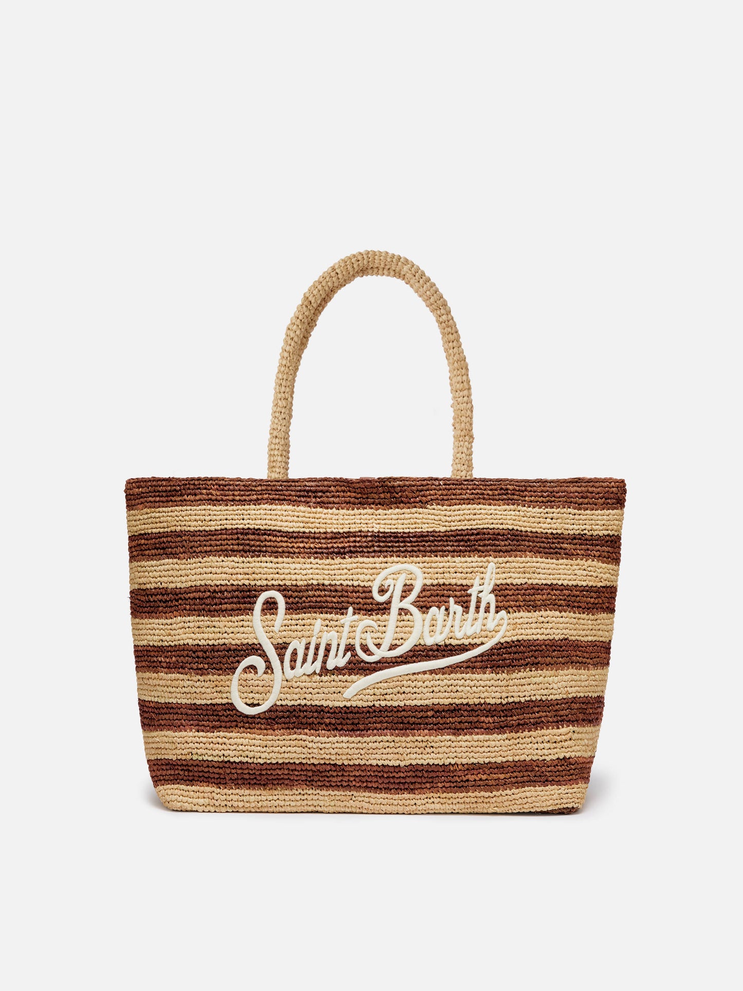 Beach raffia bag with brown stripes and embroidered logo