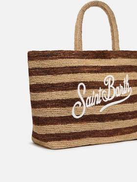 Beach raffia bag with brown stripes and embroidered logo