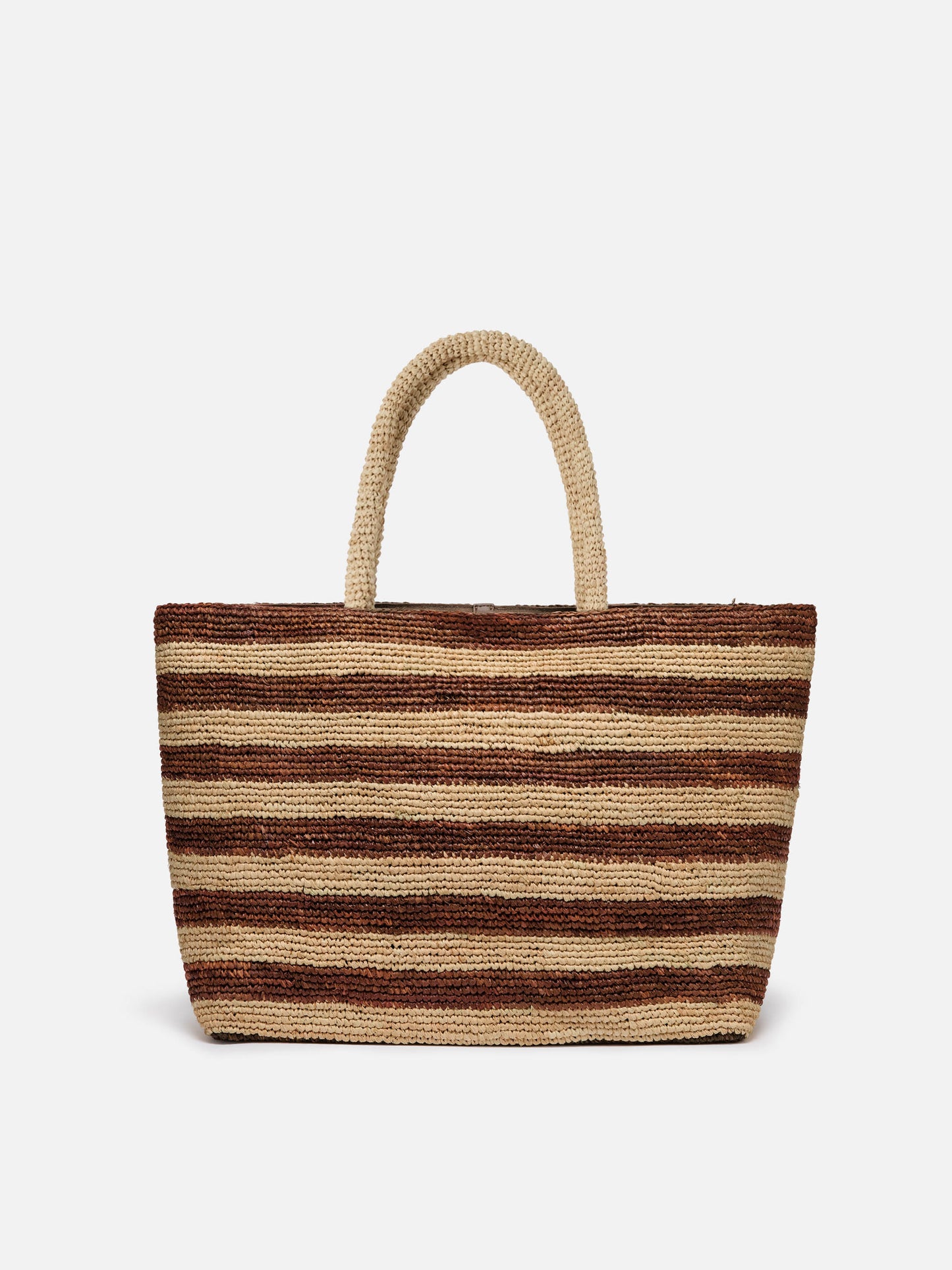 Beach raffia bag with brown stripes and embroidered logo