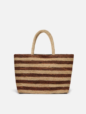 Beach raffia bag with brown stripes and embroidered logo