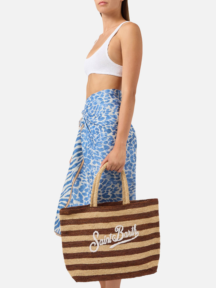 Sac de plage en raphia à rayures marron avec logo brodé 