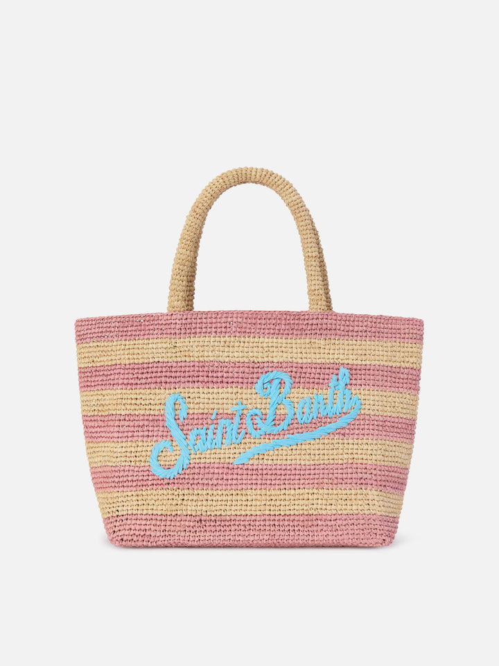 Bolso de playa mediano de rafia con rayas rosas y logo bordado 
