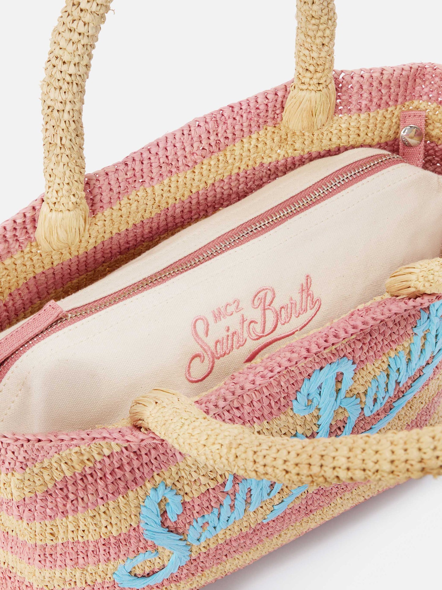 Medium Beach Basttasche aus Raffia mit rosa Streifen und gesticktem Logo 