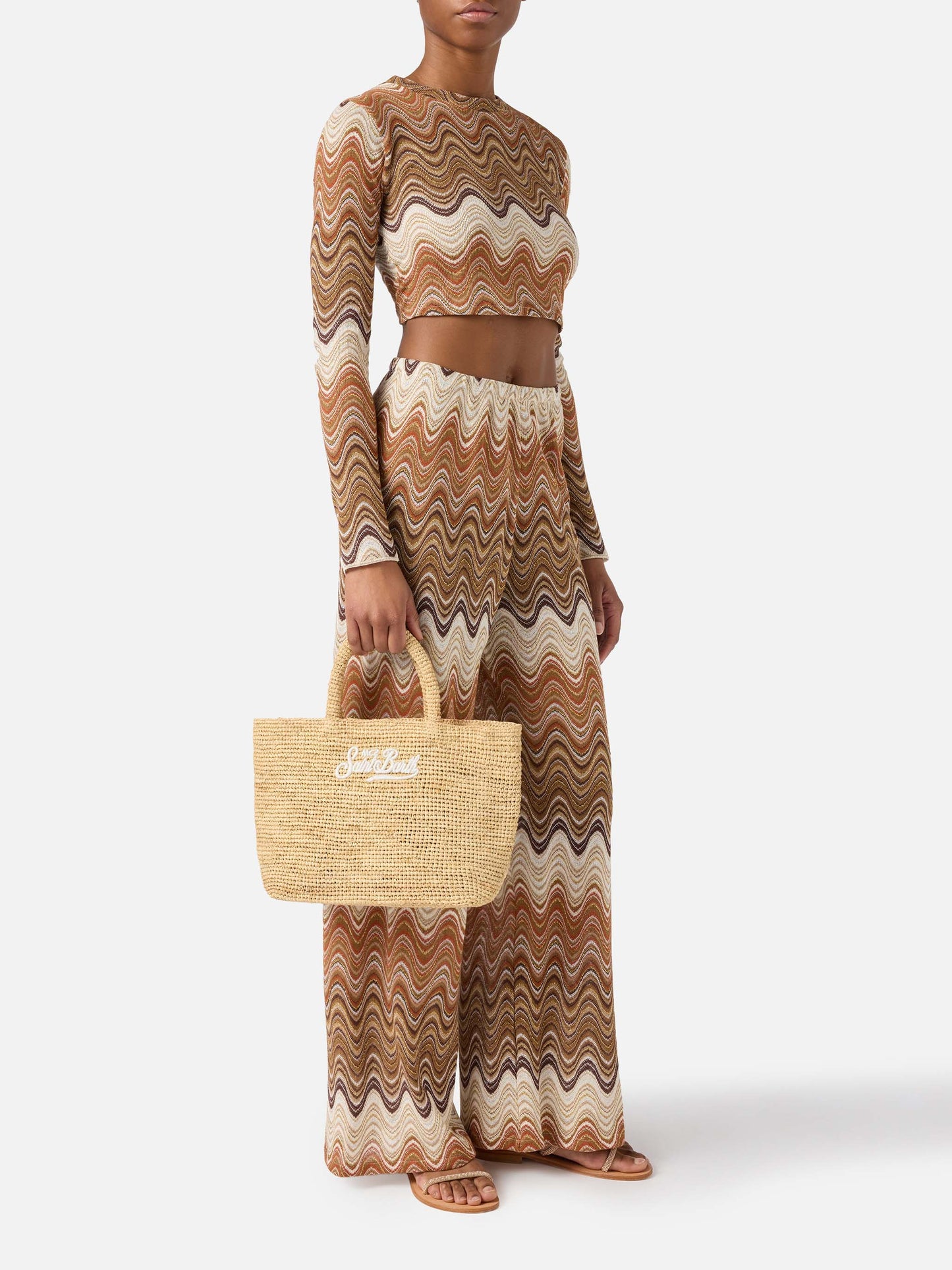 Borsa Beach medium in raffia con logo ricamato