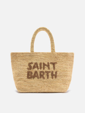 Borsa Beach medium in raffia con logo ricamato a contrasto