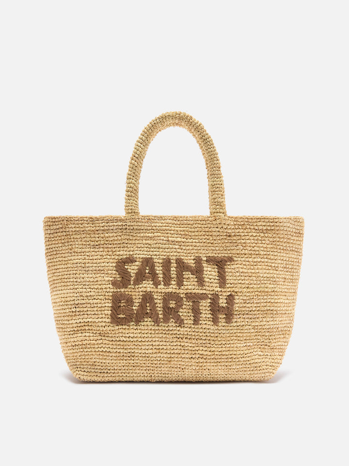 Borsa Beach medium in raffia con logo ricamato a contrasto