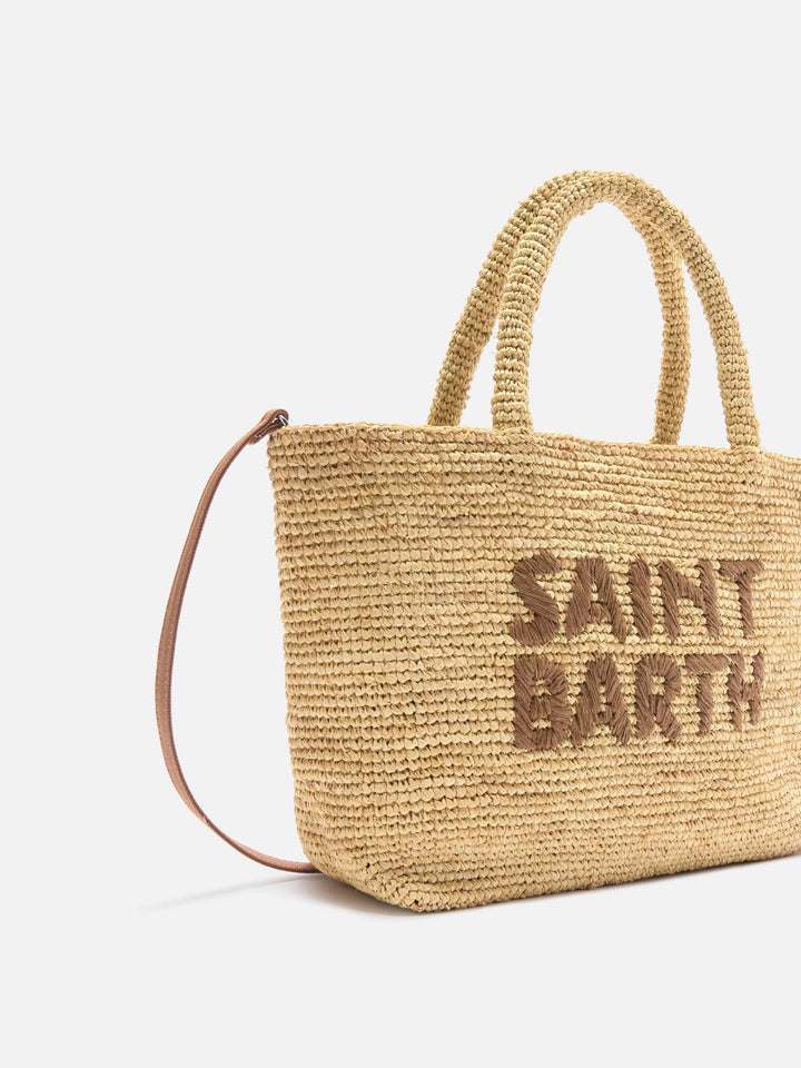 Borsa Beach medium in raffia con logo ricamato a contrasto