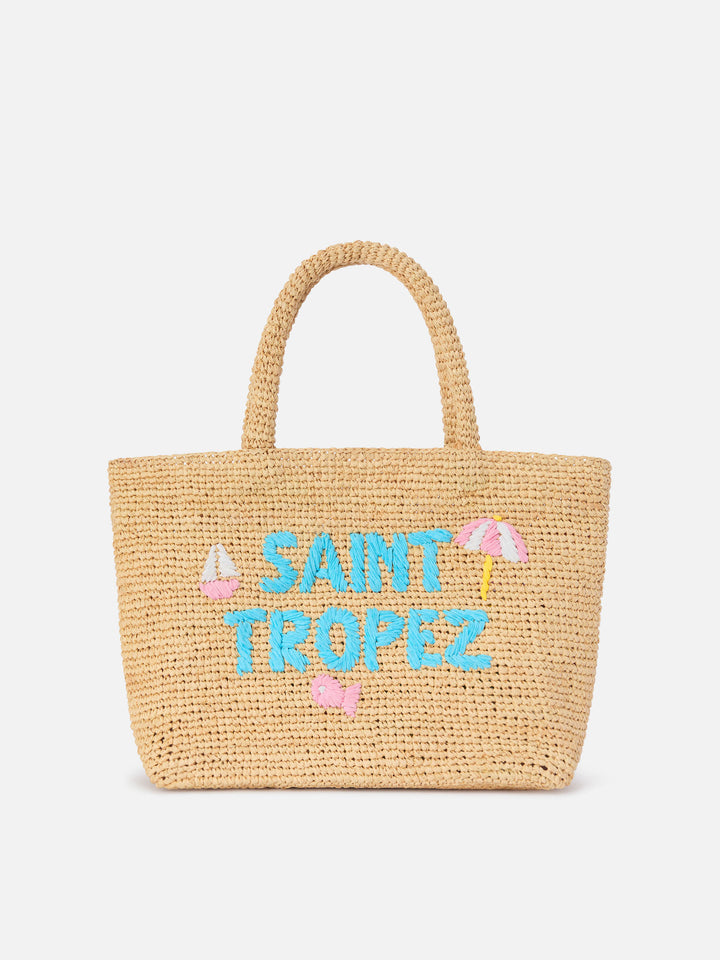 Sac de plage medium en raphia avec broderie Saint Tropez 