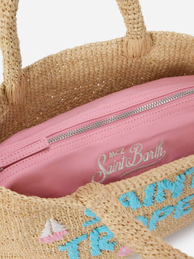 Mittelgroße Strandtasche aus Raffiabast mit Saint Tropez-Stickerei 