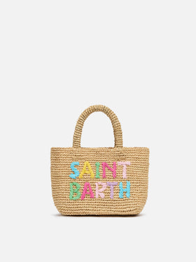 Beige Mini-Strandtasche aus Raffiabast mit Baumwollbeutel