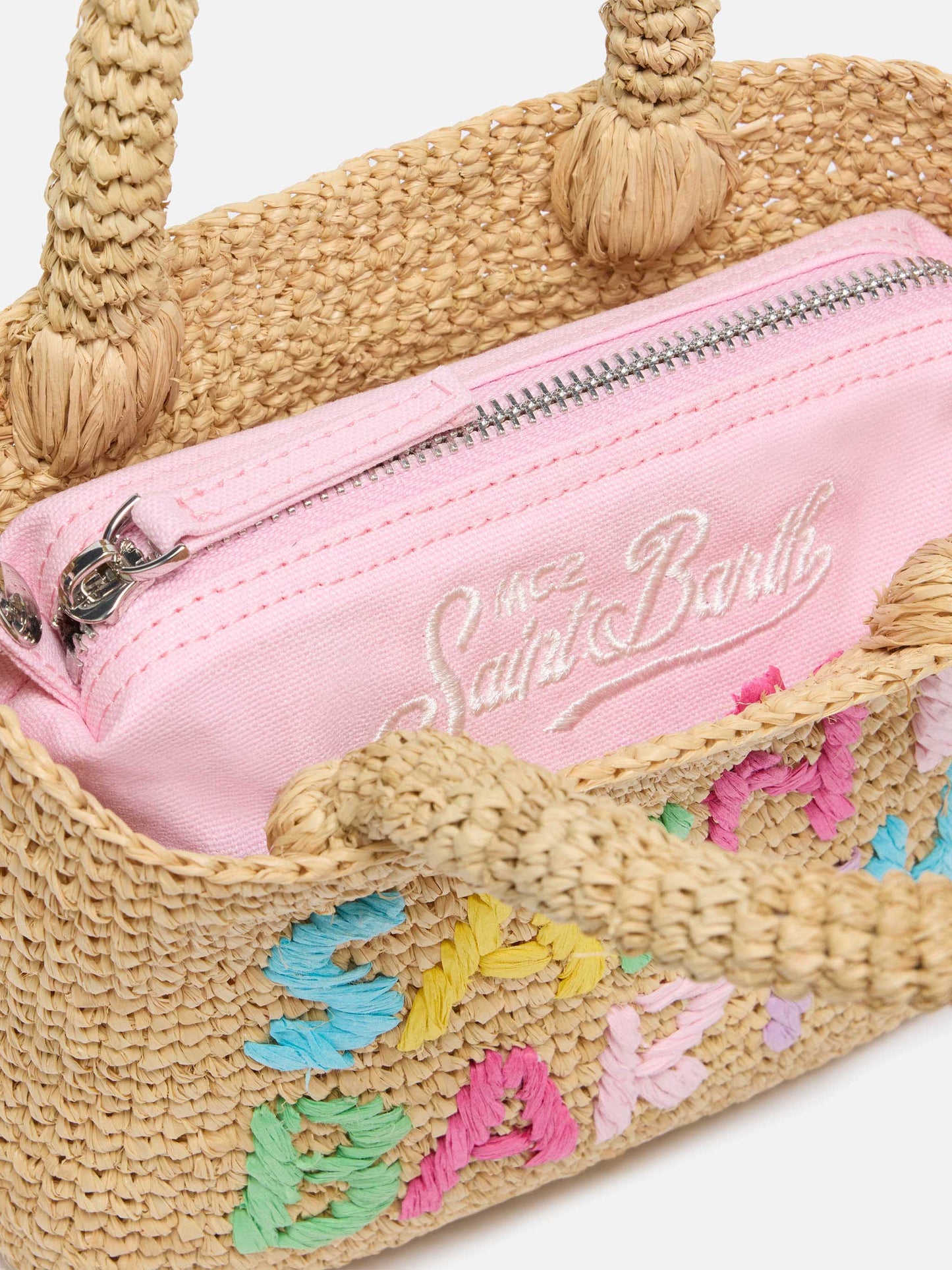 Beach mini raffia bag with multicolor embroidered logo