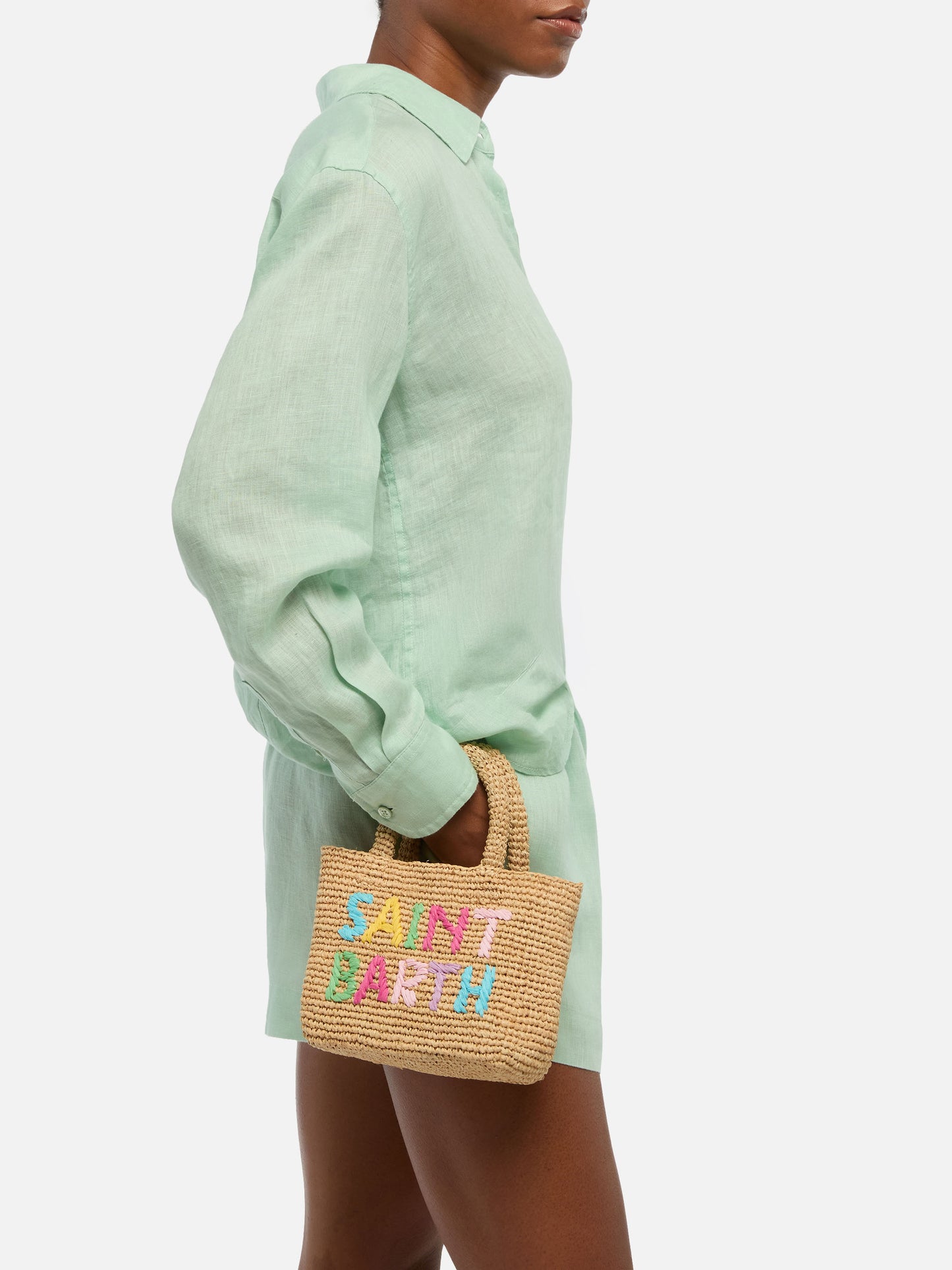 Beige Mini-Strandtasche aus Raffiabast mit Baumwollbeutel