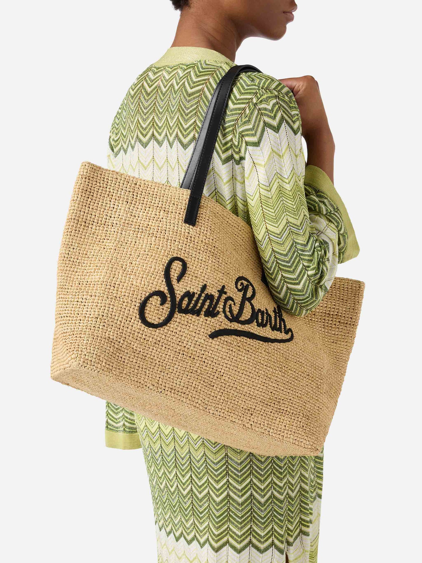 Borsa City in raffia con logo nero ricamato a contrasto