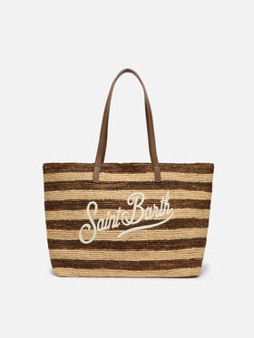 Raffia City Tasche mit braunem Streifenprint