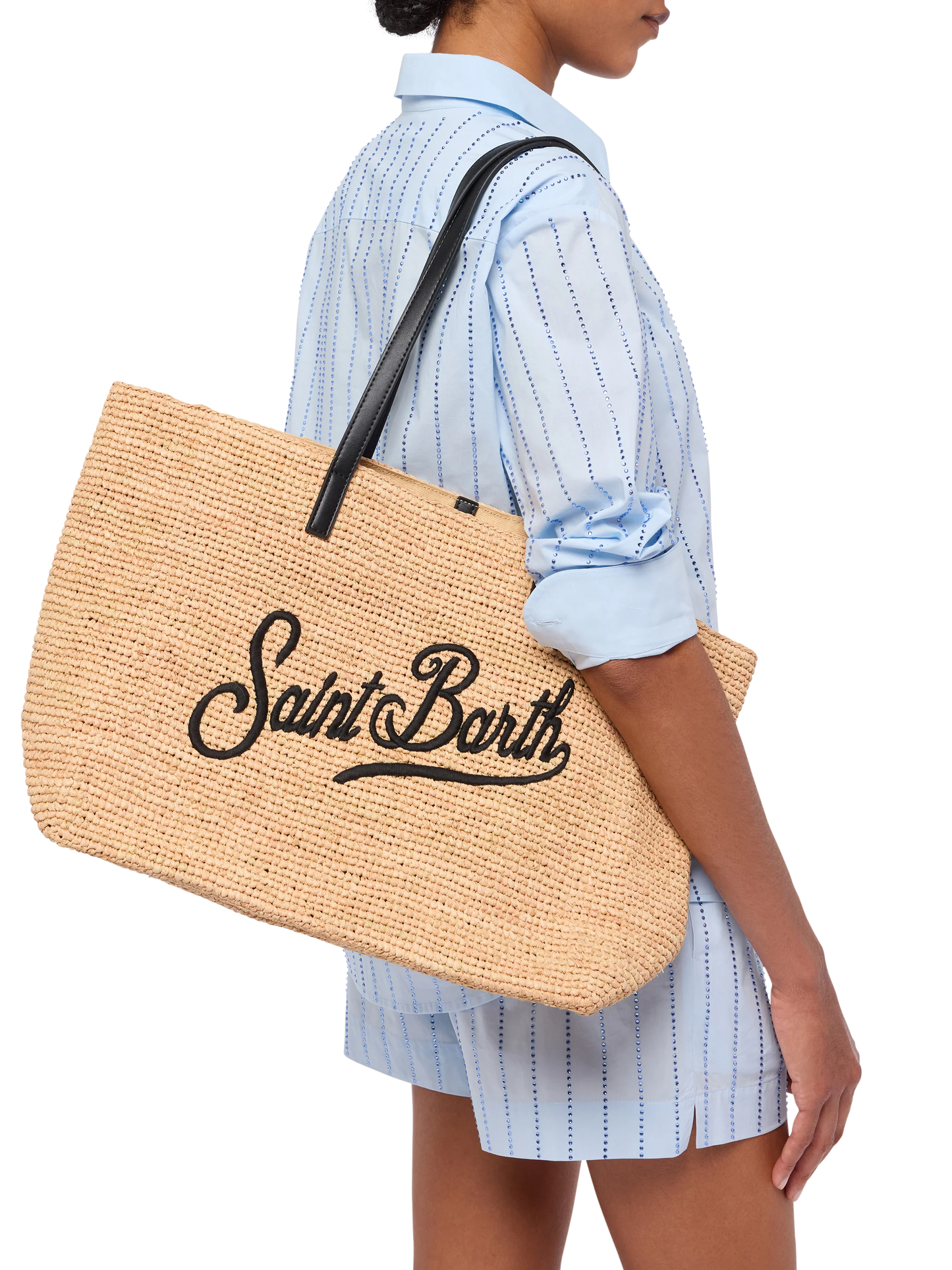 Beige Raffia City bag with Saint Barth embroidered logo - MC2 Saint Barth